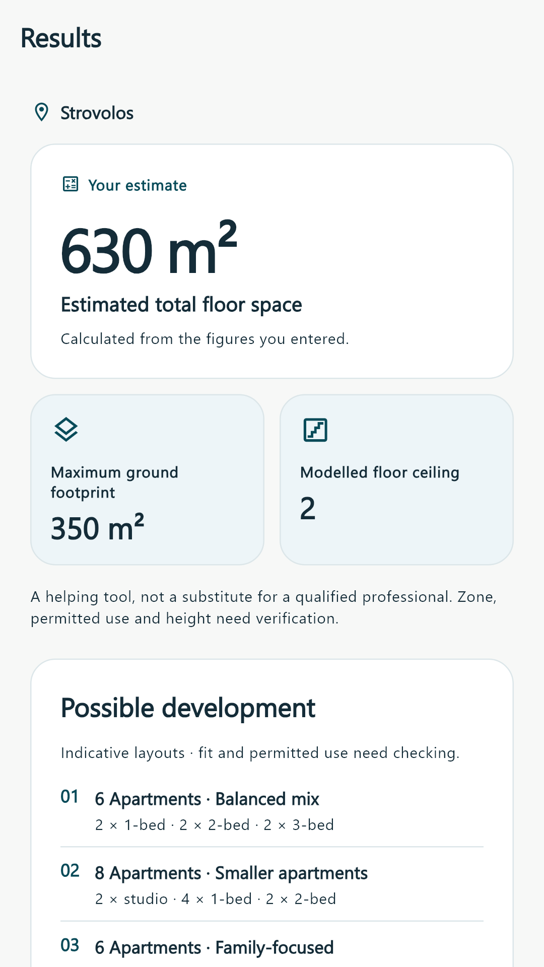 Example result: 630 m² estimated floor space, 350 m² footprint and a modelled ceiling of 2 floors.